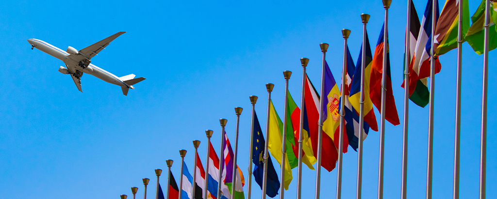 Picture of various flags from different background. Airplane flying top left of image.