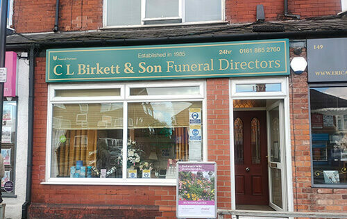 Front of C L Birkett & Son Funeral Directors in Stretford