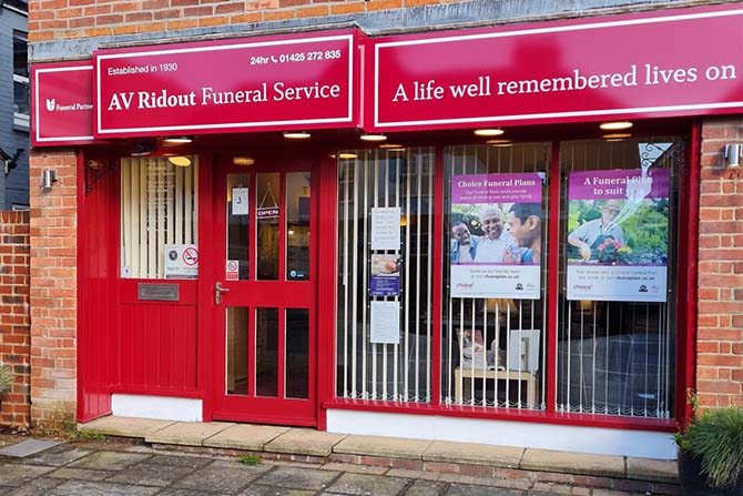 Front of AV Ridout Funeral Service showing red signage