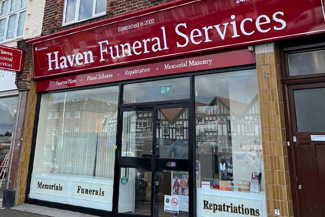 Front of Haven Funeral Services in Hillingdon showing red signage